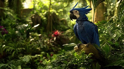 Blue Parrot in Lush Green Jungle Environment