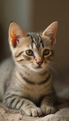 Obraz premium Calm Tabby Kitten Sitting Indoors with Relaxed and Curious Expression