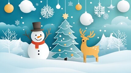 Seasonal Christmas card vector poster with a Christmas tree, snowman, reindeer, and