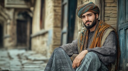 Fototapeta premium A young Afghan man sitting in a serene, rustic environment. His traditional attire and soft smile evoke a sense of peaceful introspection, offering a window into his cultural roots of Afghanistan. 