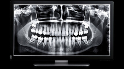 X ray showing multiple dental fillings and teeth structure, highlighting oral health and dental care. This emphasizes importance of regular dental check ups and treatments