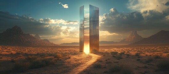 A large, metallic, monolith stands in a desert landscape, with a path leading up to it. The sun is setting behind it, shining through a gap between its two halves.
