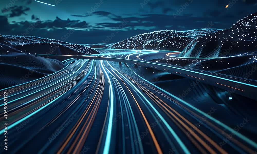 Wall mural digital technology background with light trails on road, data transfer and connection concept