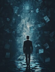 A figure in a suit walking through a dark corridor filled with floating papers, symbolizing the overwhelming nature of information and choice.