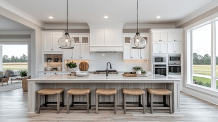 Modern Kitchen Island with White Cabinets and Wooden Stools