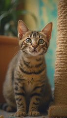 Fototapeta premium Playful Tabby Kitten Climbing Scratching Post Indoors with Energetic Look