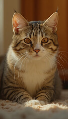 Fototapeta premium Calm Tabby Kitten Relaxing on Soft Blanket with Serene and Cozy Look