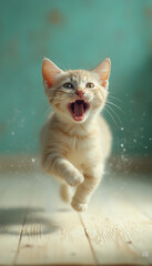 Fototapeta premium Playful Orange Kitten Running Indoors with Excited and Happy Look
