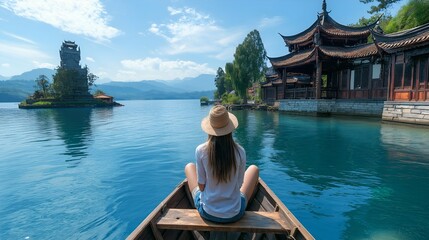Obraz premium A young traveler in casual attire and a straw hat explores tranquil waters in a boat in Asia, surrounded by stunning ancient temples and breathtaking landscapes.