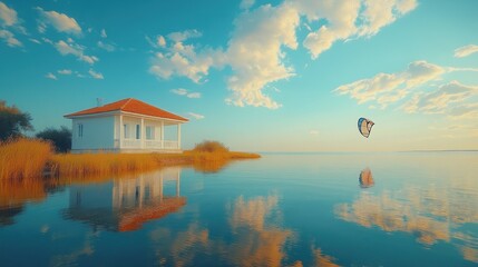 Fototapeta premium A white house with a red roof stands on the shore of a calm lake with a kite surfer in the distance under a blue sky with white clouds.