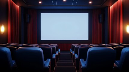 Fototapeta premium A modern cinema interior featuring empty seating and a blank screen, set against a dark ambiance with red drapes and soft lighting.
