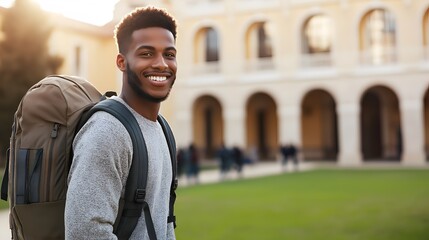 Fototapeta premium A smiling young man with short, curly black hair, wearing a gray sweater and carrying a backpack, is posing outdoors in front of a university building with cream-colored arches and well-manicured lawn