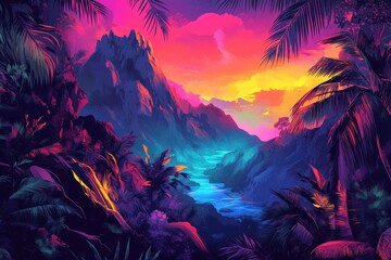 Tropical Mountain Landscape with a River at Sunset
