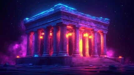 Ancient temple glowing in neon lights, against a starry night sky with smoke and dust.