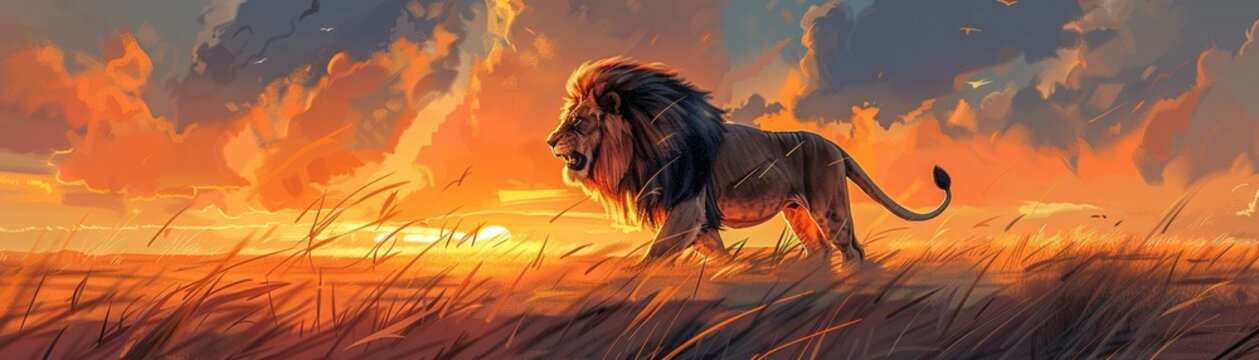 A dramatic rendering of a fierce lion prowling through a savannah landscape at sunset