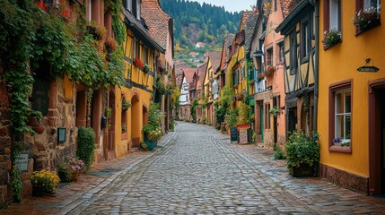 Fototapeta premium Cobblestone Street in a Quaint European Village