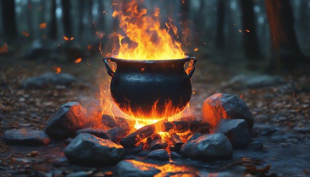 A mystical cauldron simmers with vibrant flames in a shadowy forest under a starry sky during twilight hours