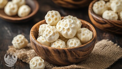 Fototapeta premium A wooden bowl filled with white lotus seeds on a rustic wooden table.