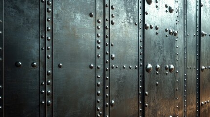 Riveted Steel Wall, industrial design, textured metal panels, reflective surface, contemporary architecture, urban aesthetic, robust materials