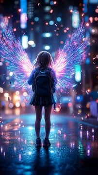 Urban nightscape illuminated by holographic wings emanating ethereal blue and pink light. Rain-slicked streets reflect neon signage, creating a mesmerizing mirror effect. 
