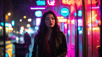Young woman in neon-lit city street at night with colorful lights and reflections