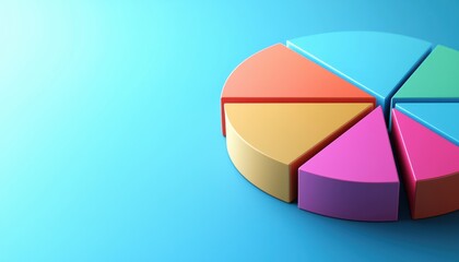 Obraz premium A colorful pie chart with segments in various shades, set against a gradient blue background, representing data visualization.