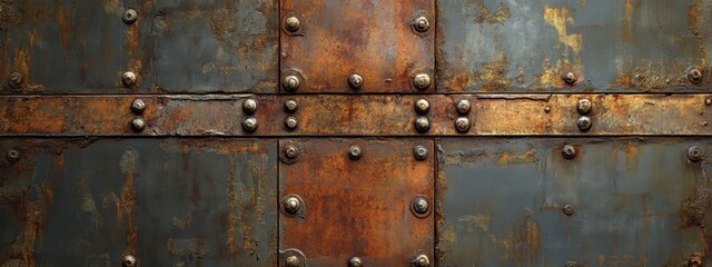 Fototapeta premium Rustic metal wall with rivets, showcasing industrial charm, weathered textures, and rich history in its patina and design