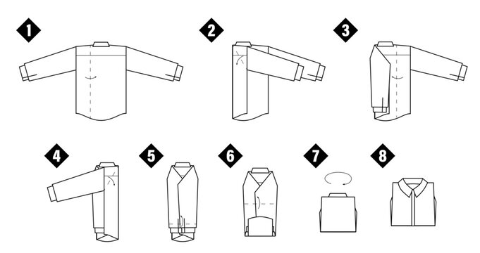 Instructions on how to fold shirt. Black and white line art step-by-step illustration. Life hack about clothes.