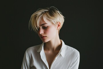 Portrait of a woman with short blonde hair, wearing a white shirt, isolated on a black background