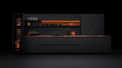 Modern Minimalist Kitchen Design: Sleek and sophisticated, this contemporary kitchen features a bold black color scheme with warm orange accents. The minimalist design highlights clean lines.