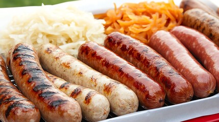 A vibrant plate of assorted grilled sausages, accompanied by fresh sauerkraut and carrots, perfect for summer barbecues.