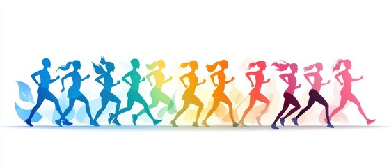 Colorful silhouette of women running in a dynamic sequence, perfect for fitness, health, and lifestyle themes.