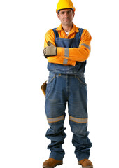 Construction worker in yellow hard hat, gloves, and denim overalls isolated on white background.