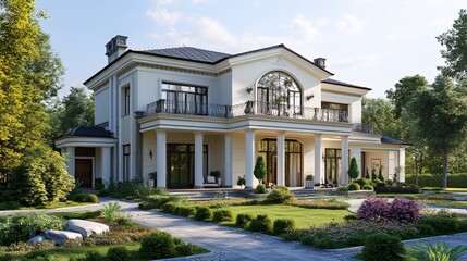 Fototapeta premium Luxurious White Mansion with a Large Front Yard and Green Trees