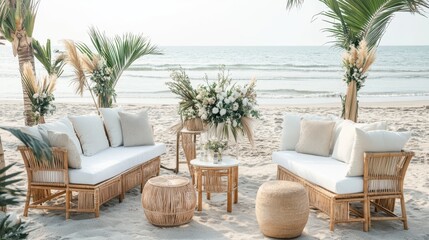 Obraz premium A cozy beach lounge setup featuring wicker furniture, tropical plants, and floral decor against a serene ocean backdrop.
