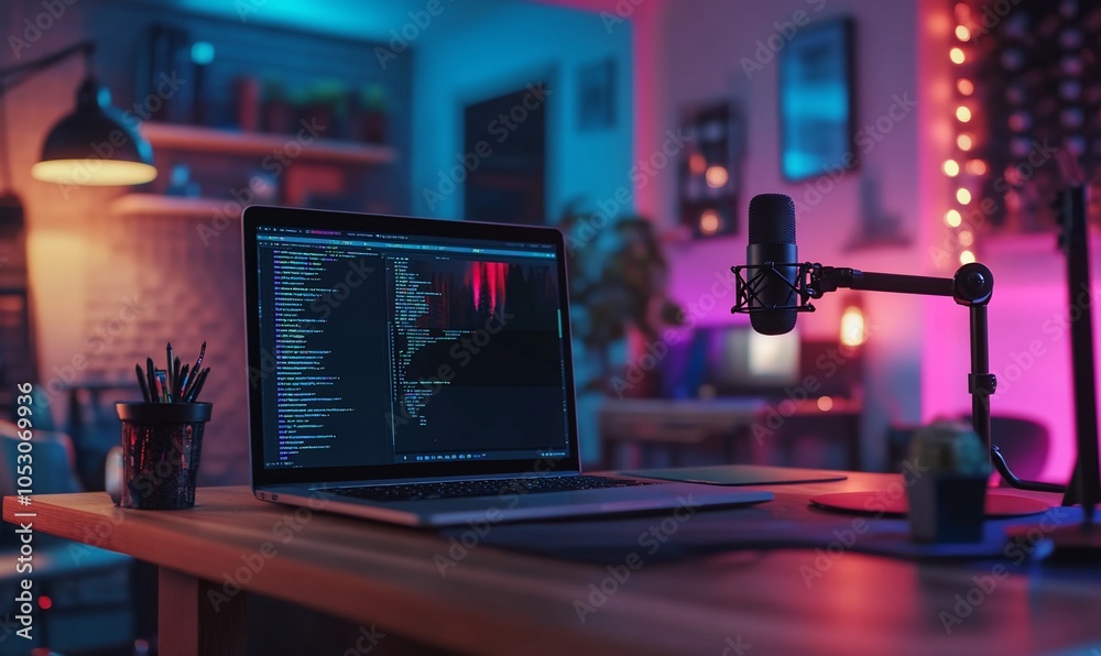 Fototapete a laptop with code on the screen sits on a desk with a microphone and a cactus in a dimly lit room.