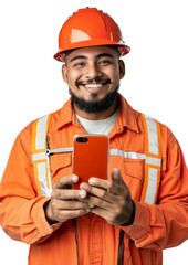 Smiling construction worker in orange hard hat and reflective vest using smartphone, isolated on white background.