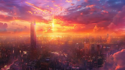 Fototapeta premium A vibrant sunset over a city where the buildings are made of reflective