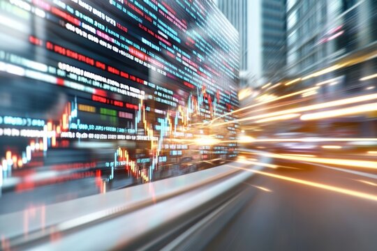 Dynamic cityscape with abstract data visualization and blurred lights, showcasing technology and fast-paced finance environment.