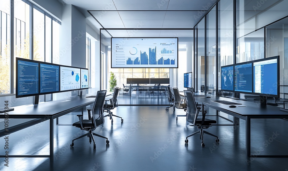 Poster A modern office interior with multiple computer workstations, each equipped with a large monitor displaying data and graphs. 