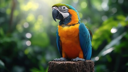 A vibrant blue and yellow macaw perched on a tree stump in a lush green forest.