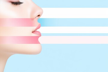 Elegant profile of a woman with abstract color lines, showcasing beauty and style on a soft blue background.