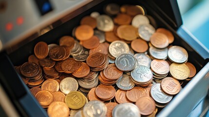 A Close-Up of Mixed Coins in a Cash Drawer