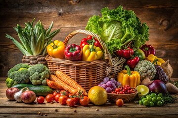 A beautifully arranged still life of various fruits and vegetables on a wooden table, artisanal presentation, gourmet food, organic ingredients, seasonal produce, beautiful still life