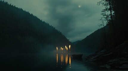 Fototapeta premium Night Reflections on a Calm River with Soft Lighting