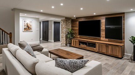 Modern Basement Home Theater with White Sofa and Wood Accents