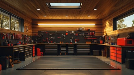 A well-organized garage workshop with tools and storage.