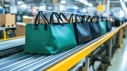 Colorful Bags on Conveyor Belt in Warehouse Environment
