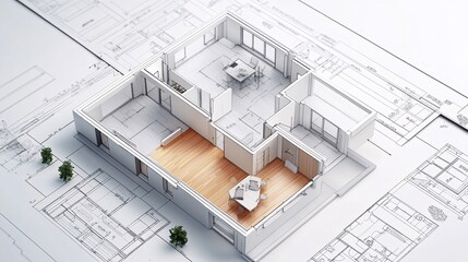 3D Model of House Plan on Blueprint Background