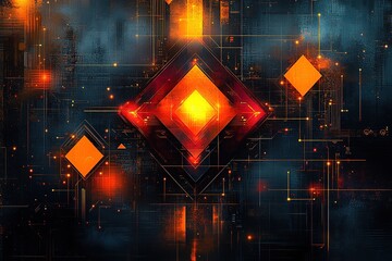 Abstract digital art with glowing orange and red geometric shapes on a dark background.